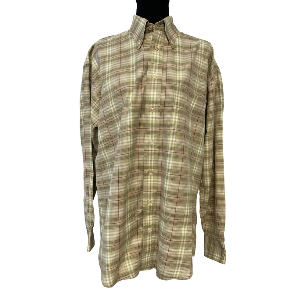Burberry London Mens Plaid‎ Button Down Shirt Olive Green Tan Long Sleeve Size M